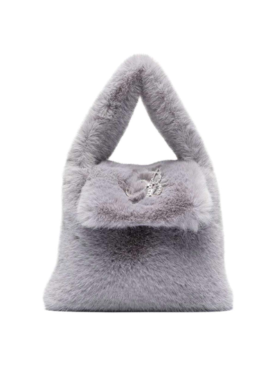 Blumarine Logo Faux Fur Top-handle Bag In Grey