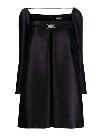 Versace Medusa Detail Wool And Silk Blend Cocktail Dress In Black