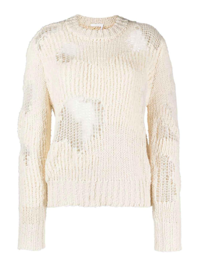 Chloé Distressed Knit Sweater In Beige