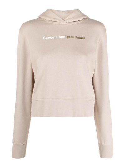 Palm Angels Logo Printed Hoodie In Beige