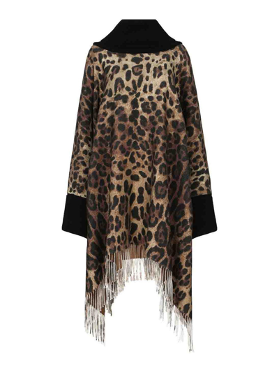 Dolce & Gabbana Animal Patterned Wool Blend Cloak With Cuffs In Brown