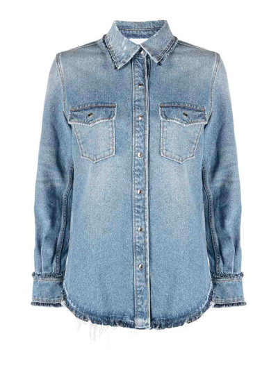 Chloé Frayed-edge Recycled Denim Collared Shirt In Blue