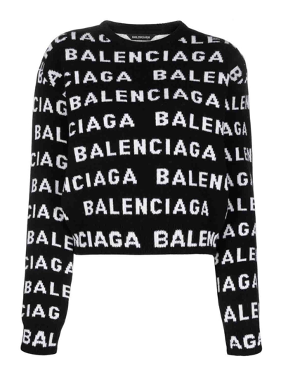 Balenciaga Allover Logo Wool Jumper In Black