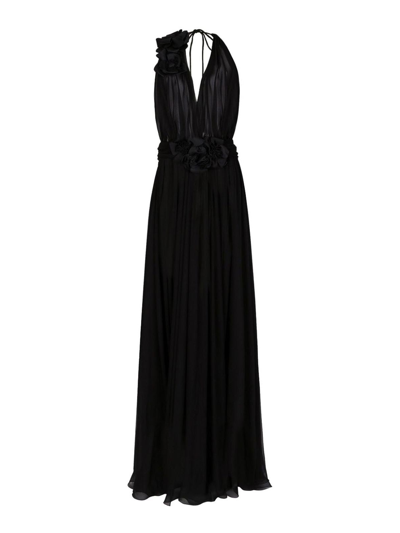 Dolce & Gabbana Floral Patch Long Chiffon Dress In Black