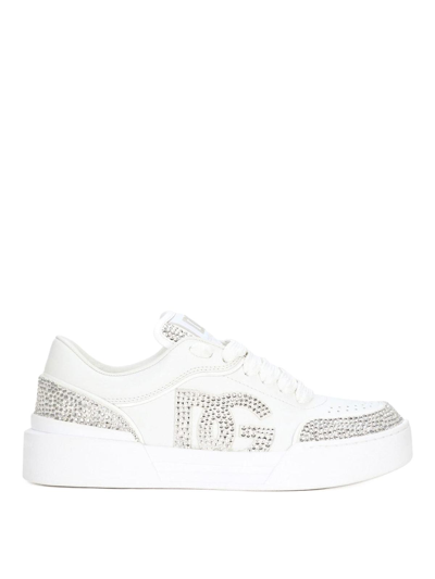 Dolce & Gabbana Rhinestone-embellished Leather Sneakers In Blanco