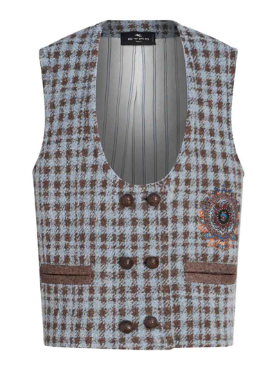 Etro Oversized Houndstooth Waistcoat With Embroidery In Multicolor