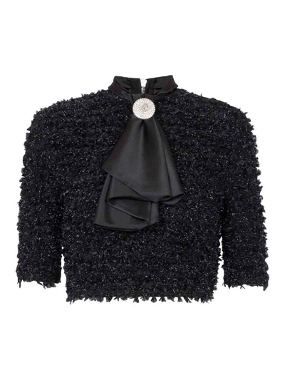 Balmain Pussy-bow Cropped Tweed Top In Black