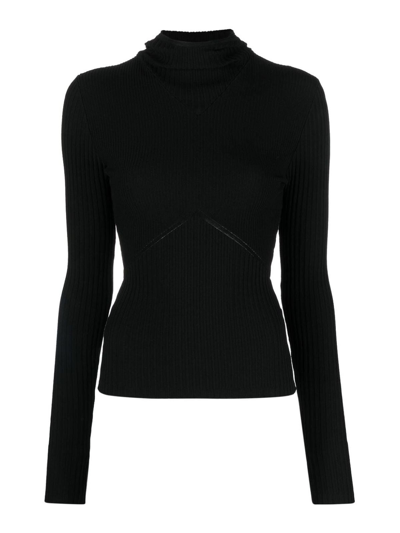 Andreädamo High-neck Ribbed-knit Hooded Jumper In Black