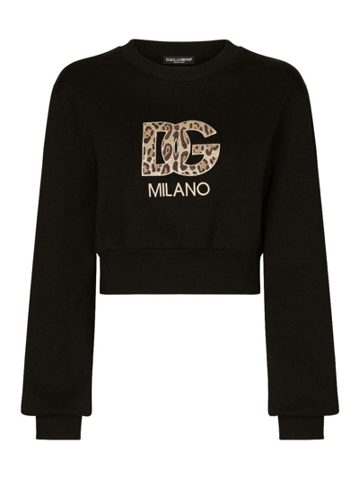 Dolce & Gabbana Logo-patch Cotton Cropped Sweatshirt In Black