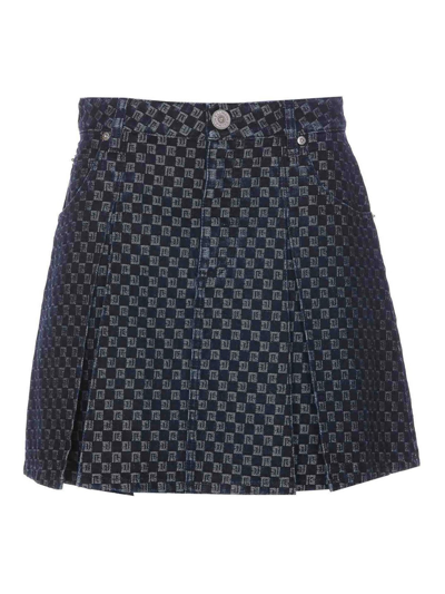 Balmain Monogram Check Denim Pleated Flare Mini Skirt In Blue