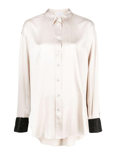 Brunello Cucinelli Soft Satin Button-front Blouse With Mohair Monili Cuffs In Beige