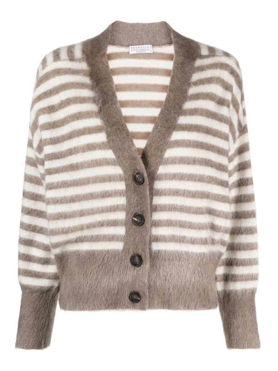 Brunello Cucinelli Striped Brushed Cardigan In Marrón