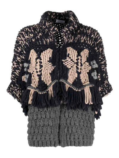Brunello Cucinelli Embroidered Design Knitted Cardigan In Black