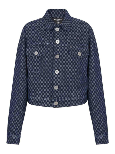 Balmain Monogram Check Jacquard Denim Jacket In Light Beige