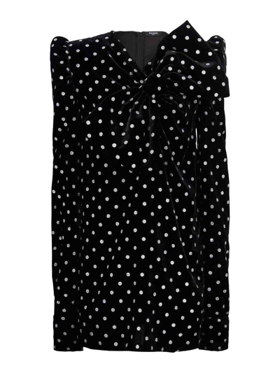 Balmain Polka-dot Long-sleeve Dress In Black