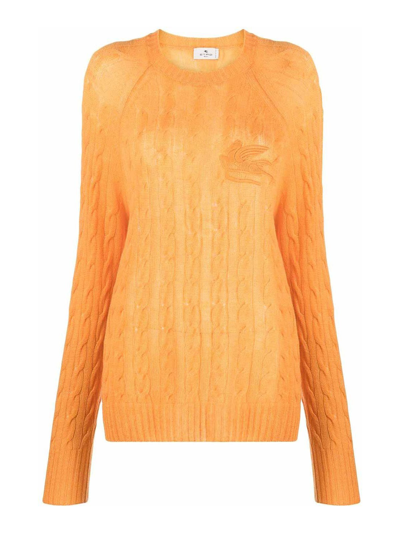 Etro Logo-embroidered Cable-knit Jumper In Orange
