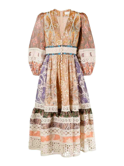 Zimmermann Devi Spliced Printed Linen Midi Dress In Neutrals
