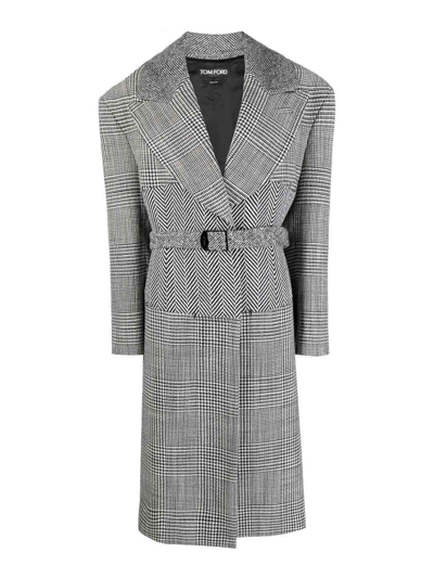 Tom Ford Houndstooth-pattern Belted Coat In Black