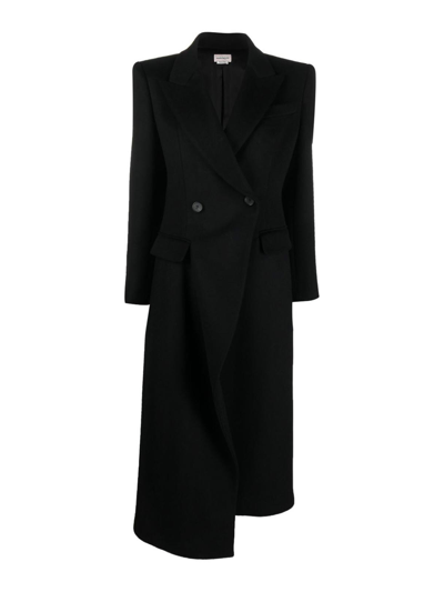 Alexander Mcqueen Asymmetric Double-breasted Wool Coat In Black