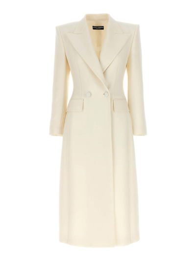 Dolce & Gabbana Wool Cady Double Breast Long Coat In White