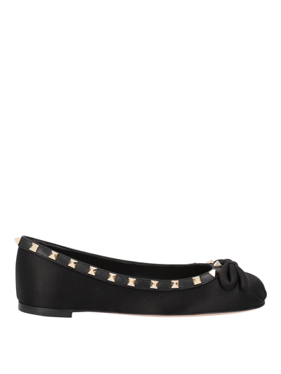 Valentino Garavani Rockstud Satin Bow Ballerina Flats In Black