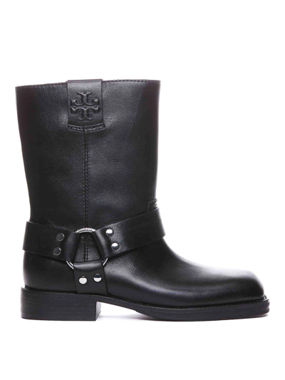 Tory Burch Leather Harness Short Biker Boots In Black