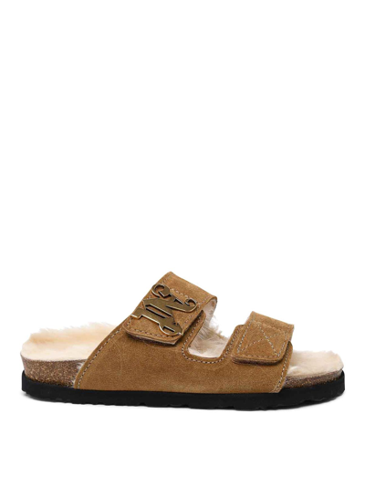 Palm Angels Shearling-lined Suede Slides In Neutrals