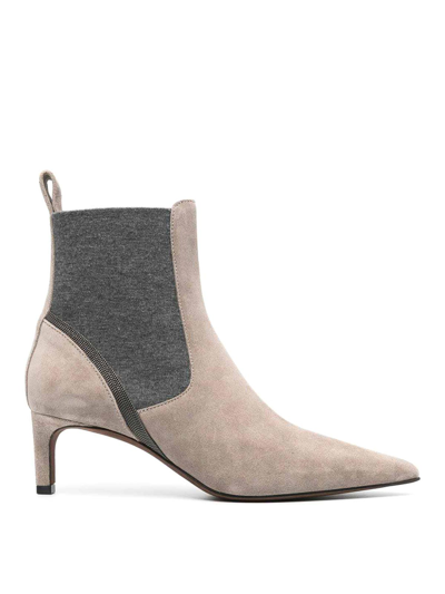 Brunello Cucinelli Leather Heeled Ankle Boots With Shiny Contour In Beige