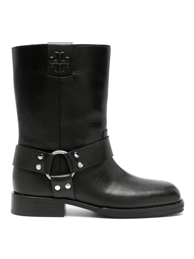 Tory Burch Leather Harness Short Biker Boots In Black