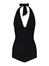 Dolce & Gabbana Black Gathered One-piece Swimsuit With Logo Patch In Stretch Polyamide Woman In Black