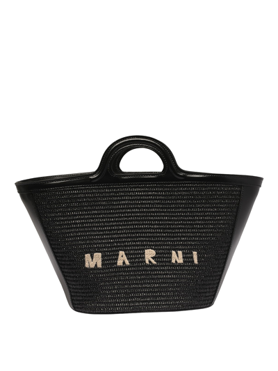 Marni Cotton Bag With Printed Logo And Strap In Black