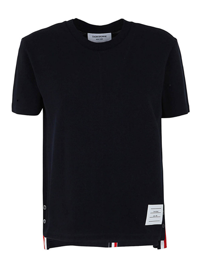 Thom Browne Tricolour Stripe Side Slit Cotton Crewneck T-shirt In Blue