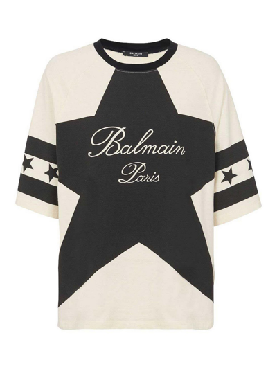 Balmain Stars Logo-print Cotton T-shirt In Beige
