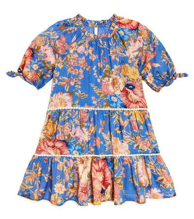 Zimmermann Teen Girls Blue Cotton Floral Dress In Multicoloured