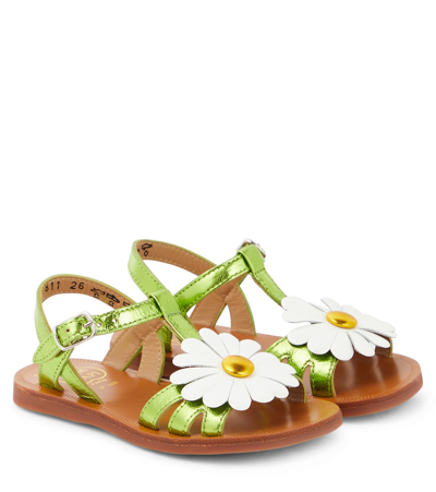 Pom D'api Kids' Plagette Big Flo Leather Sandals In Verde-bianco