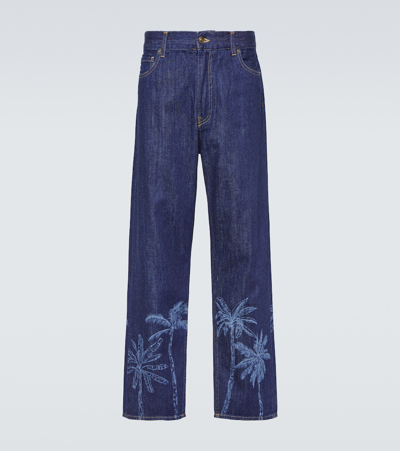 Alanui Jungle Printed Denim Pants In Blue