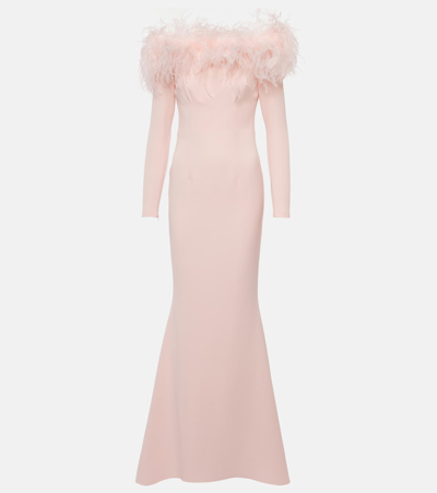 Safiyaa Feather-trimmed Off-shoulder Gown In Pink