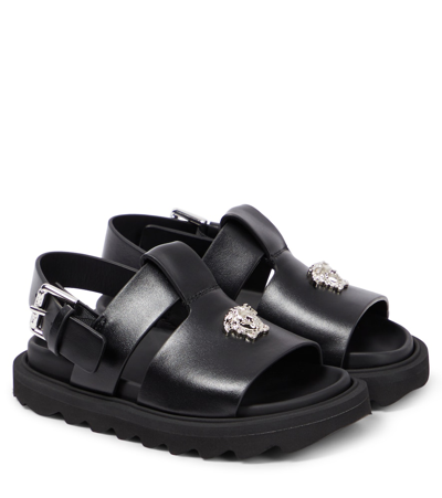 Versace Kids' La Medusa Leather Sandals In Black