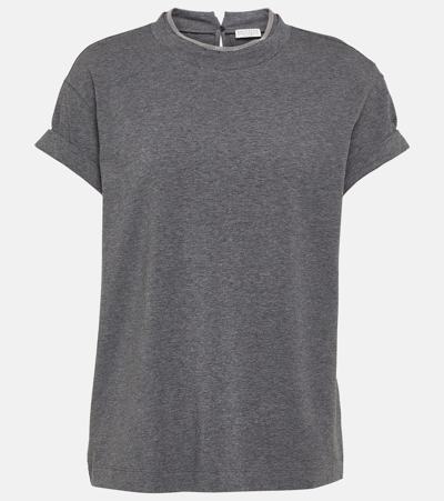 Brunello Cucinelli Embellished Cotton-blend T-shirt In Grey
