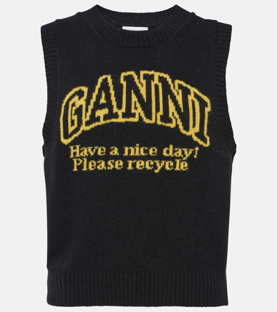 Ganni Intarsia-knit Logo Crew-neck Vest In Black