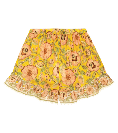 Zimmermann Teen Girls Yellow Floral Cotton Shorts In Multicoloured