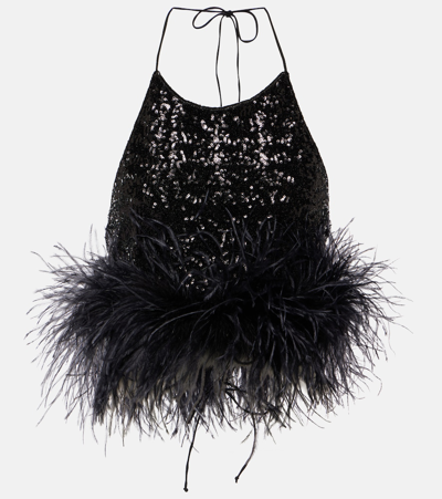 Oseree Paillettes Plumage Cropped Top In Black