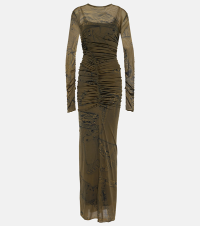 Blumarine Printed Ruched Jersey Maxi Dress In T5699 Militare/nero
