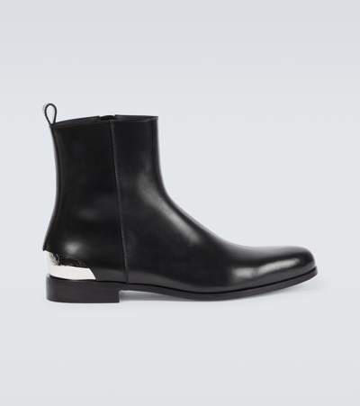 Alexander Mcqueen Lux Trend Black Ankle Boots With Metal Detail In Smooth Leather Man