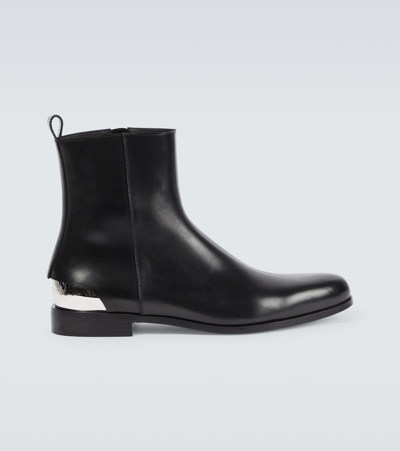 Alexander Mcqueen Lux Trend Black Ankle Boots With Metal Detail In Smooth Leather Man In Black/silver