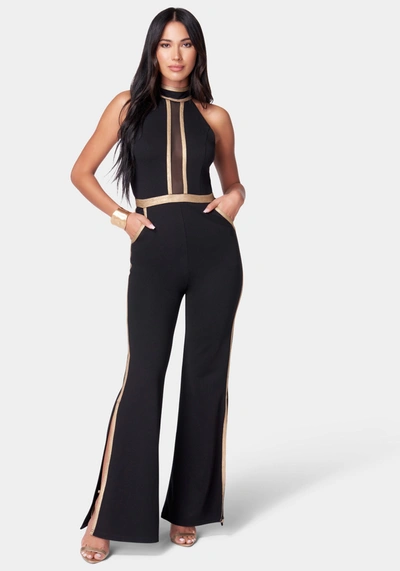 Bebe Metallic Detail Wide Leg Jumpsuit In Black,gold