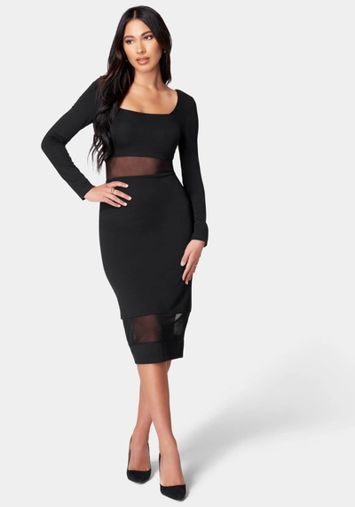 Bebe Square Neck Mesh Inset Dress In Jet Black