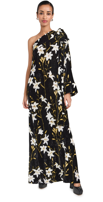 Bernadette Nel Velvet Floral One-shoulder Dress With Bow Shoulder In Black