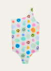 Molo Kids' Girl's Nai One-shoulder Swimsuit In Painted Dots