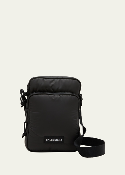 Balenciaga Men's Puffy Nylon Crossbody Bag In Black